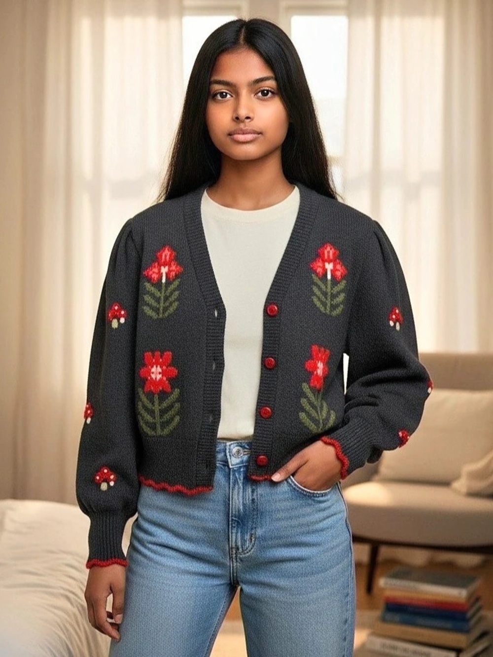 Free People Floral Embroidered Cardigan Black & Red Medium